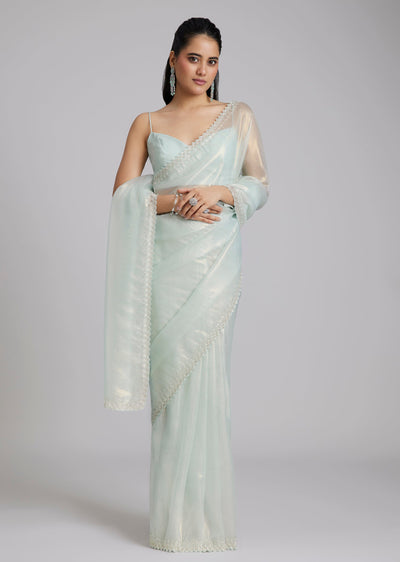 Powder Blue Tissue Saree With Stones And Zigzag Border
