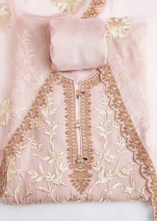 Pink Organza Embroidered Unstitched Suit Set With Dupatta