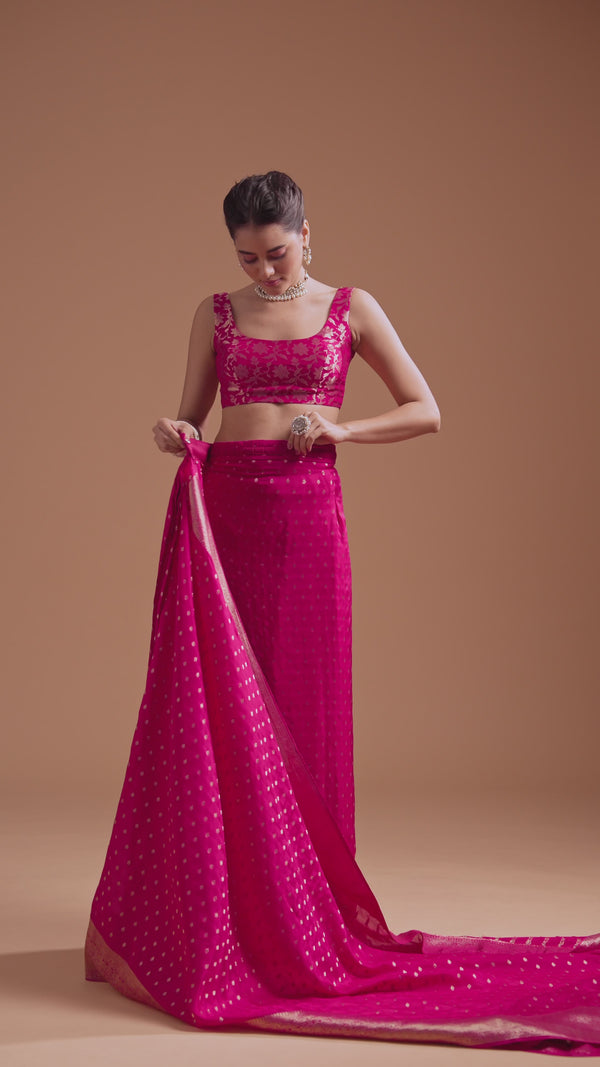 Rani Pink Tissue Silk Ready To Wear Saree With Zari Border And Butti Work