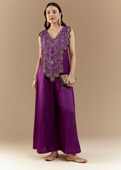 Purple Bandhani with Sequins Work Silk Jumpsuit