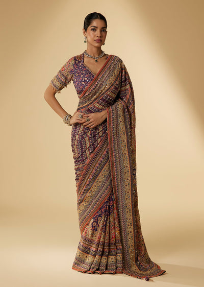 Purple Chiffon Digital Print Saree With Embellished Border And Ready Stitched Blouse