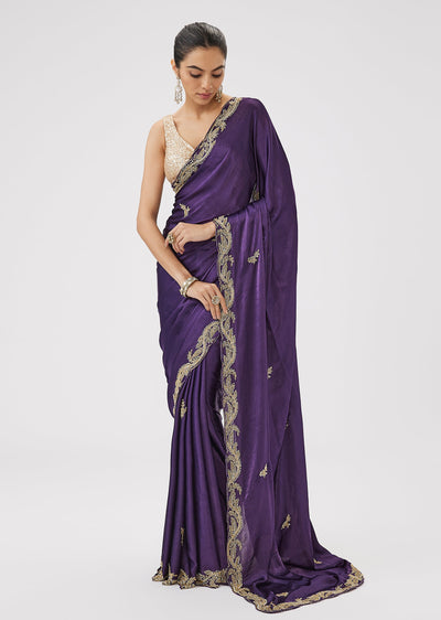 Purple Chinon Saree With Cut Dana And Sequin Embroidery
