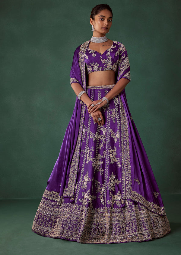 Purple Cutdana Hand Embroidered Bridal Lehenga Set in Satin