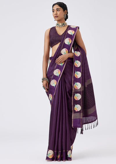 Purple Dola Silk Saree With Designer Border And Unstitched Blouse