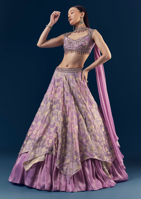 Purple Hand Embroidered Tissue Banarasi Silk Bridesmaid Lehenga Set