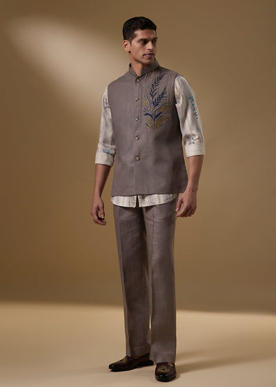 Purple Linen Jacket Kurta Set With Floral Resham And Resham Embroidery