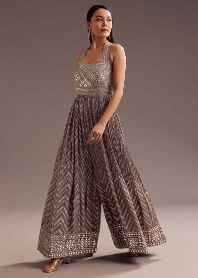 Purple Mirror Cutdana Work Halter Neck Jumpsuit