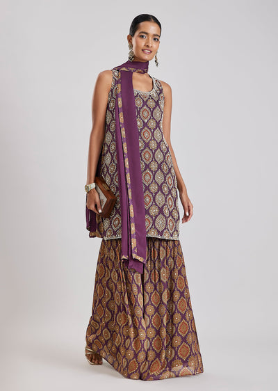 Purple Printed Kurta Sharara Set