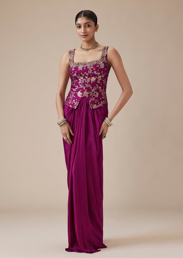 Purple Ready Pleated Saree With Embrooidered Blouse