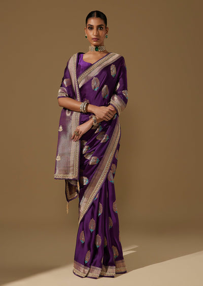 Purple Satin Bandhani Saree with Zardozi and Cutdana Embroidery