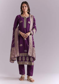 Purple Silk Kurta Set With Banarasi Weave