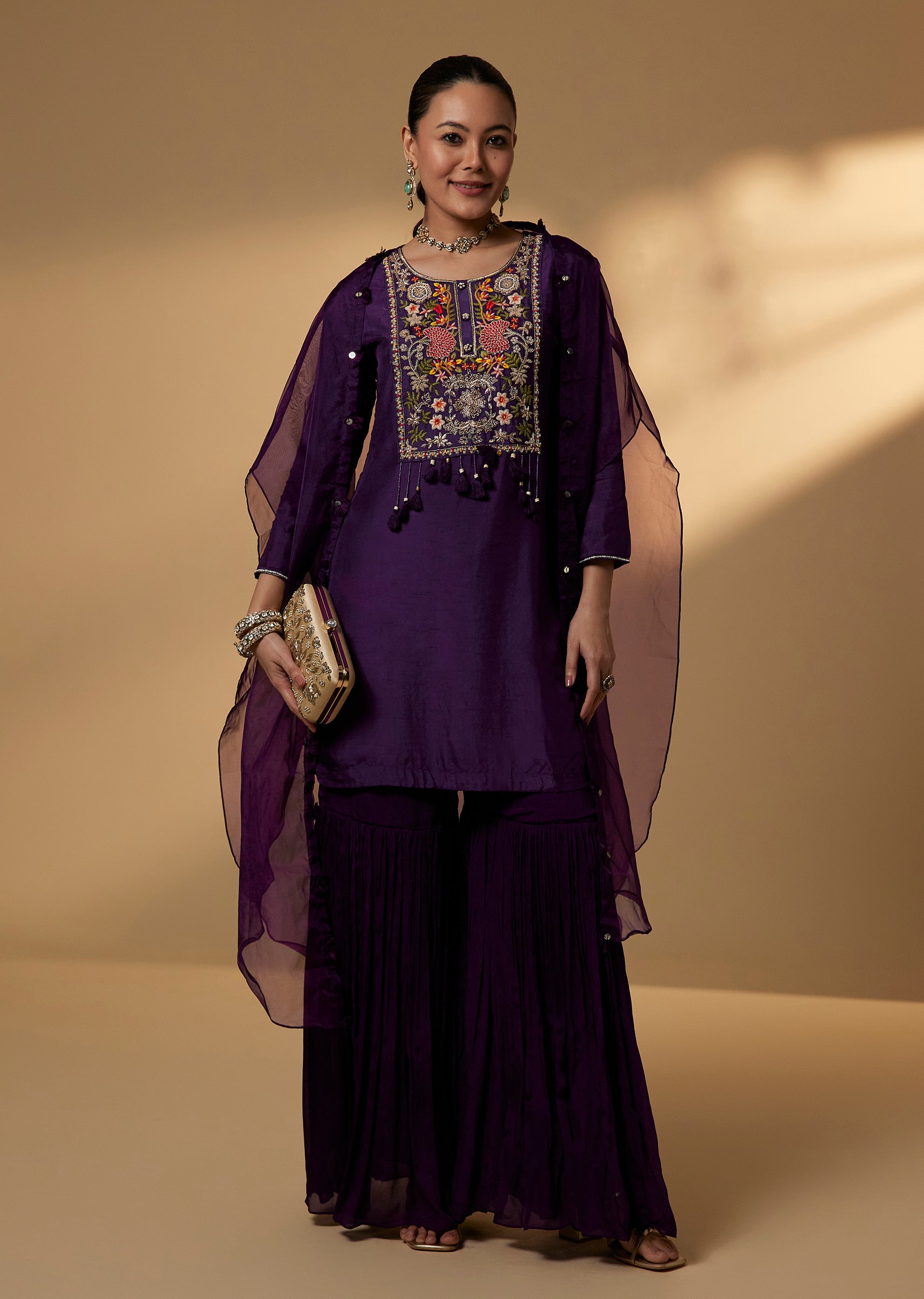Purple Silk Sharara Suit Set With Organza Cape