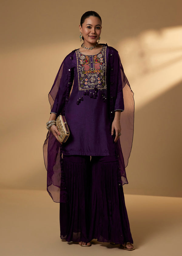 Purple Silk Sharara Suit Set With Organza Cape