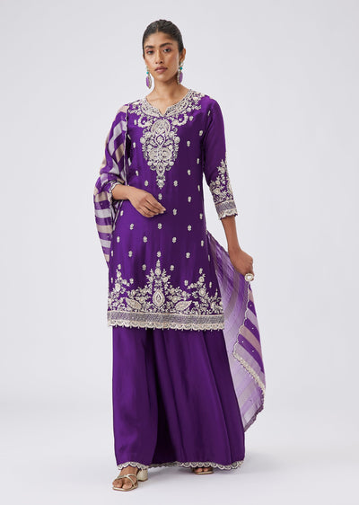Purple Silk Zardosi Embroidered Palazzo Suit
