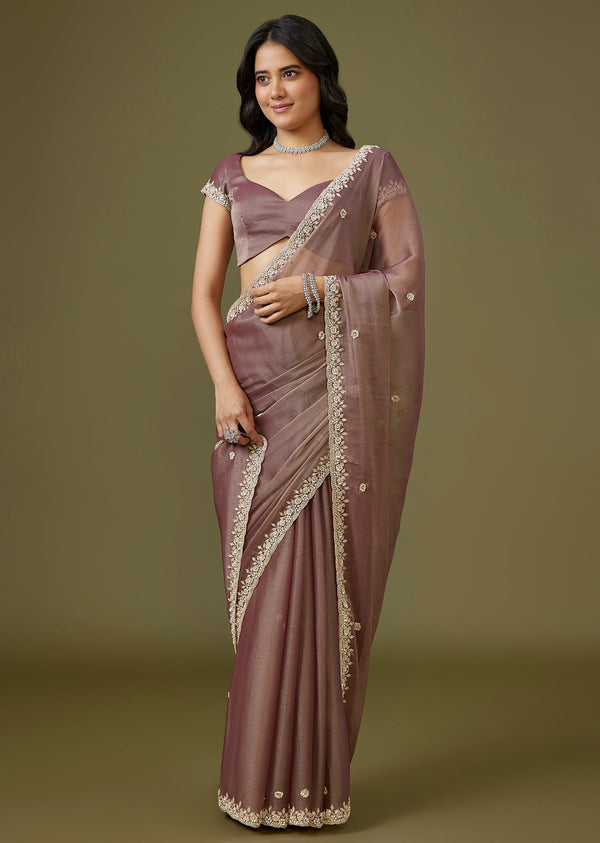 Purple Tissue Saree With Floral Border
