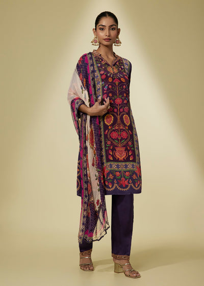 Purple Viscose Multicolor Floral Print Kurta Set With Dupatta