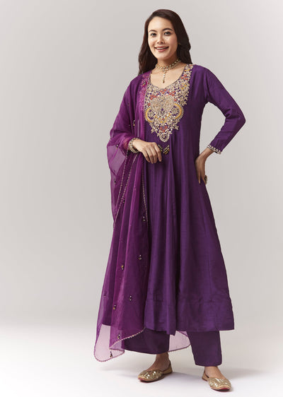 Purple Zardosi Sweetheart Anarkali Pant Set With Dupatta