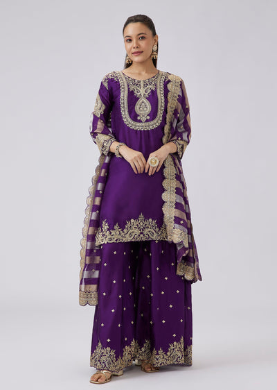 Purple Zari And Moti Embroidered Palazzo Set