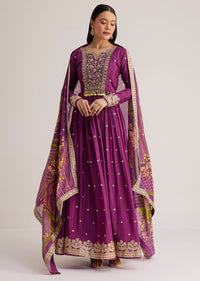 Purple Embroidered Anarkali Suit With Floral Dupatta