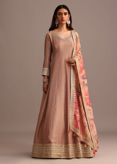 Purple Mauve Embroidered Anarkali Suit With Floral Printed Dupatta