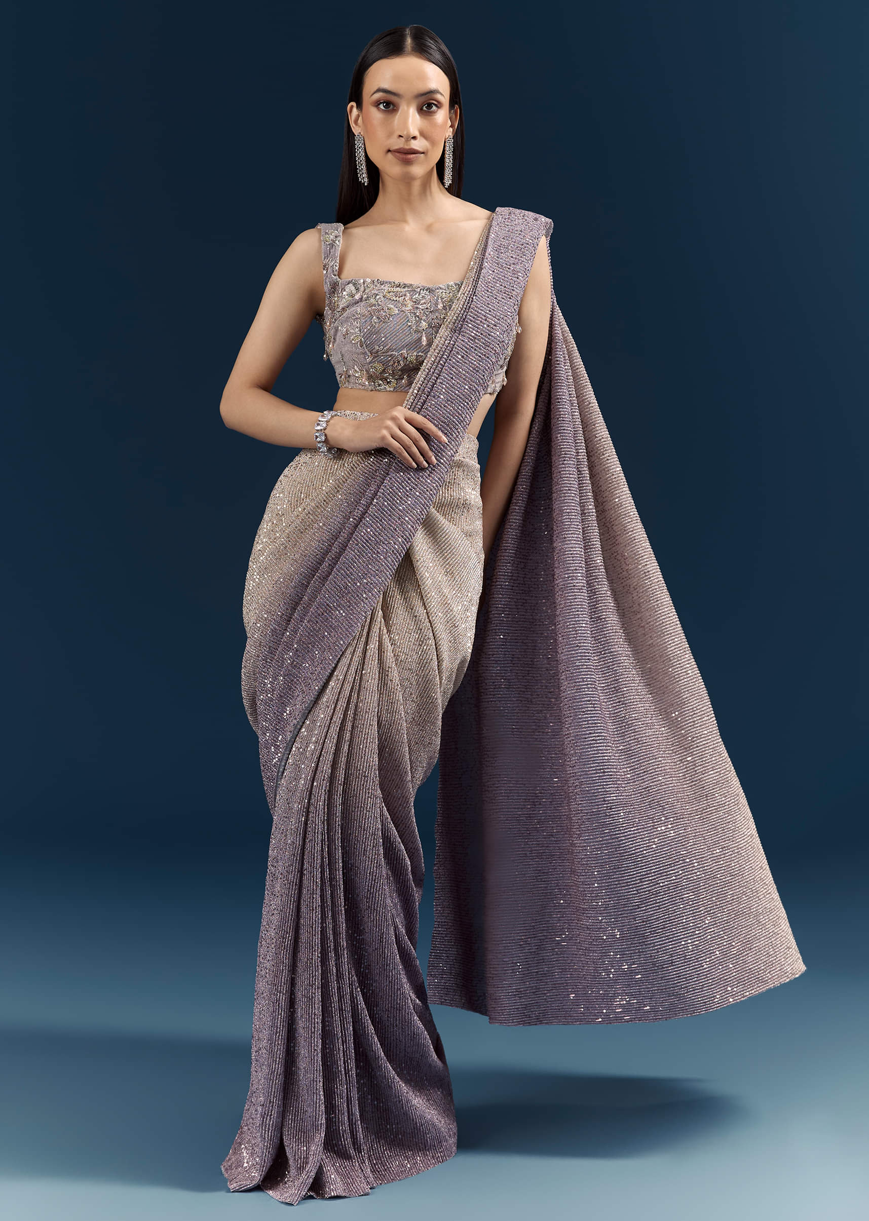Purple Ready Pleated Saree With Sequins And Stone Work