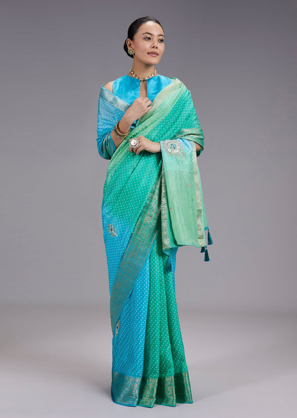 Rama Ombre Bandhani Printed Crepe Saree With Gota Patti Butti Work
