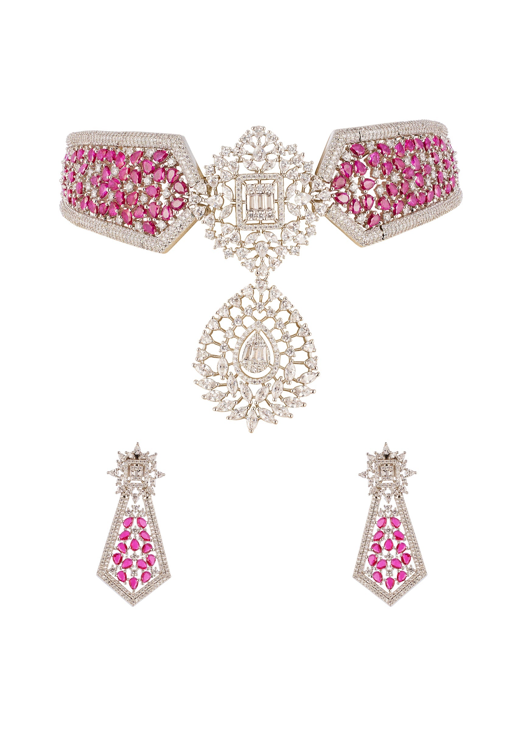 Buy Rani Pink Anti Tarnish Finish Rhodium Plated Long Necklace Set In ...