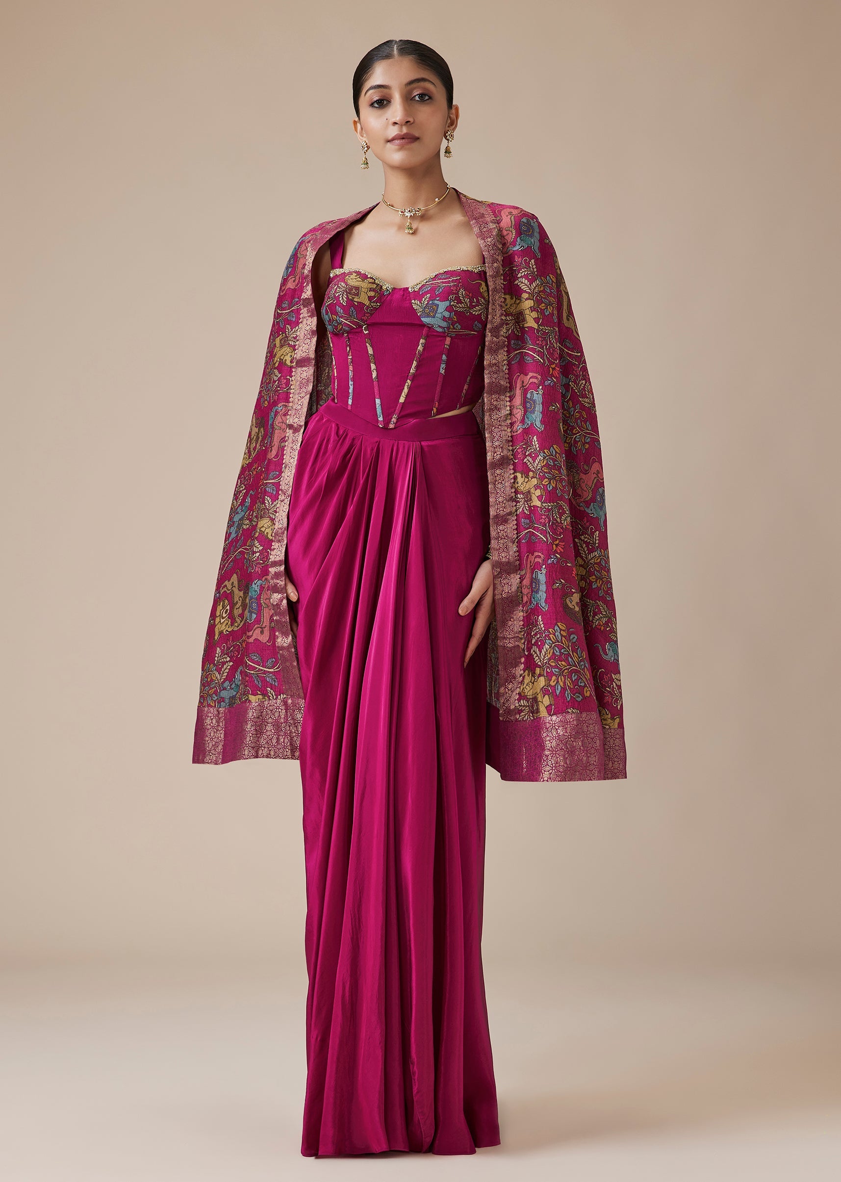 Rani Pink Banarasi Crop Top With Skirt And Printed Cape