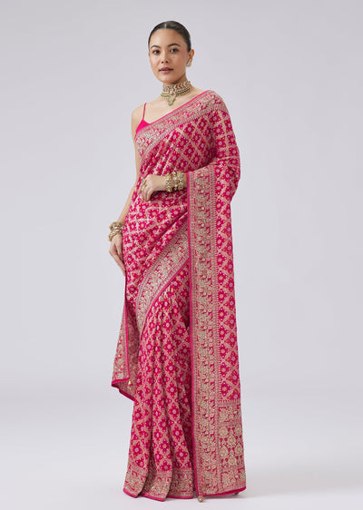 Rani Pink Bandhani Print Woven Saree
