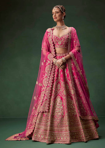 Buy Rani Pink Bridal Lehenga With Gold Zari And Rich Embroidery