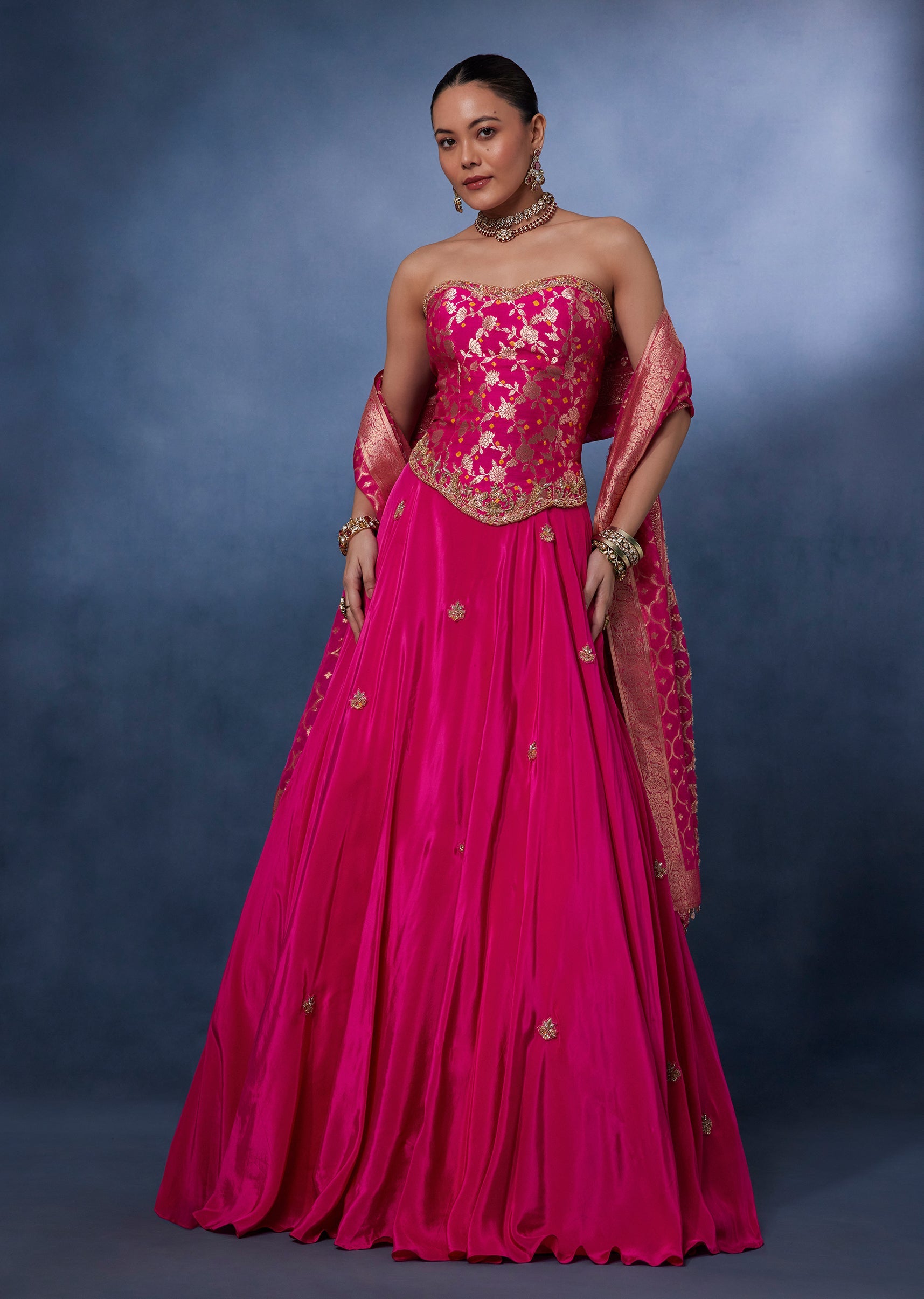 Rani Pink Brocade Corset Blouse With Crepe Lehenga Set