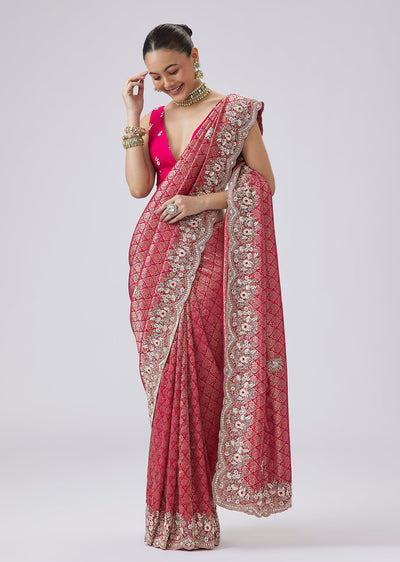 Rani Pink Brocade Saree With Embroidered Scalloped Border