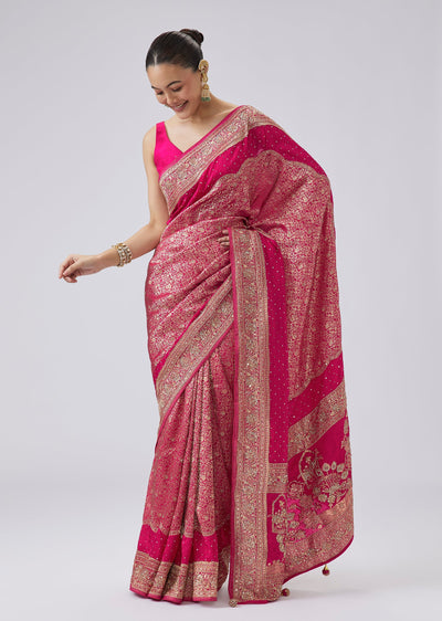 Rani Pink Brocade Saree With Heavy Embroidery