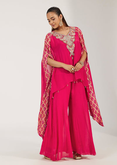 Rani Pink Chinon Kaftaan Set With Bandhani Printed Flared Sleeves
