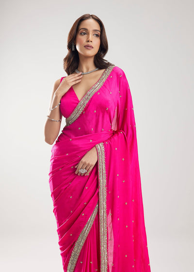 Rani Pink Chinon Saree With Cut Dana And Sequin Embellished Border