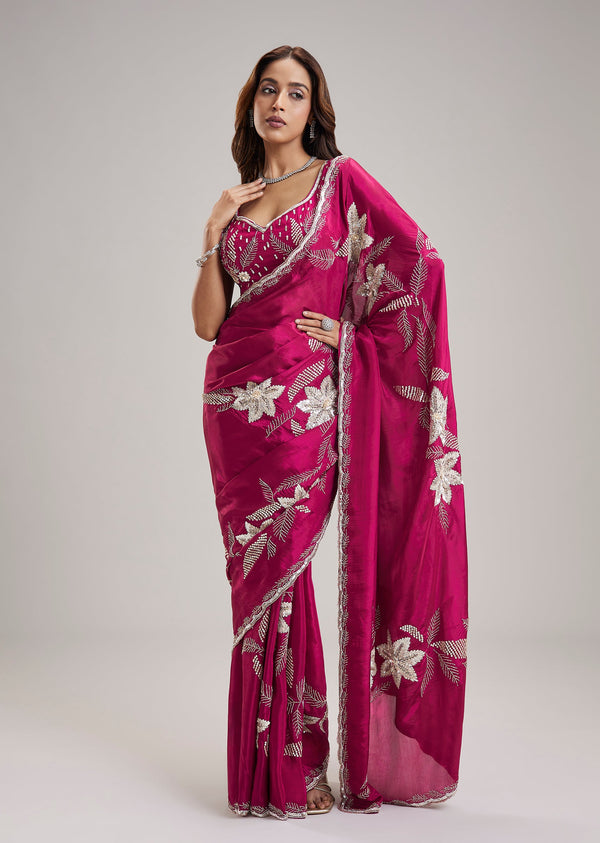 Rani Pink Chinon Saree With Floral Cut Dana And Sequin Jaal Embroidery