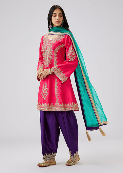 Rani Pink Colorblocked Patiala Suit With Zardosi Work