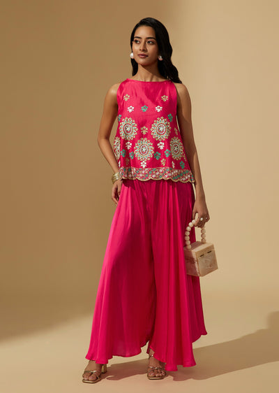 Rani Pink Cotton Floral Embroidered Crop Top And Palazzo Set