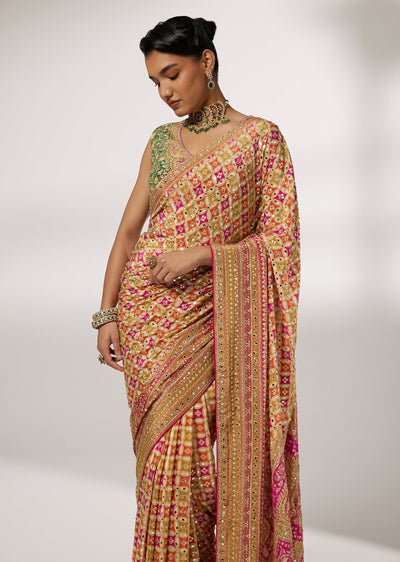 Rani Pink Crepe Floral Printed Saree With Mirror Embellished Motifs
