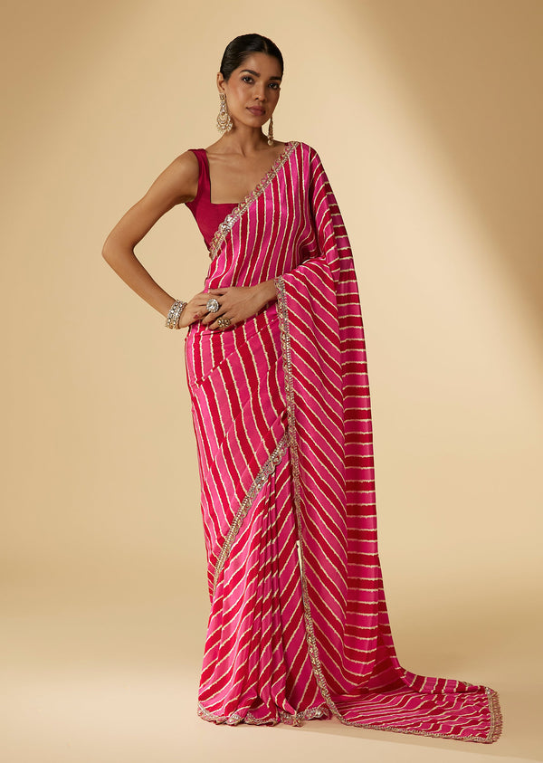 Rani Pink Crepe Lehriya Digital Printed Saree With Abla Embellished Border Pallu