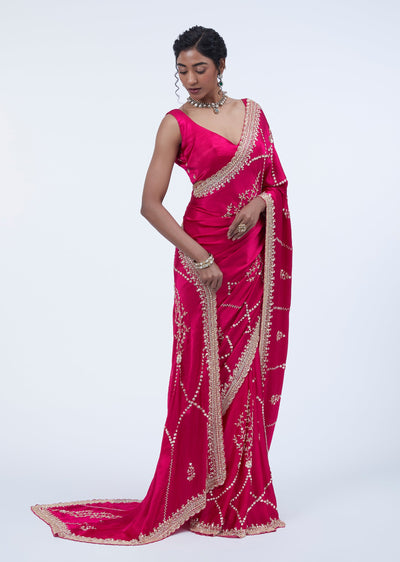 Rani Pink Cutdana Jaal Embroidered Saree With Unstitched Blouse