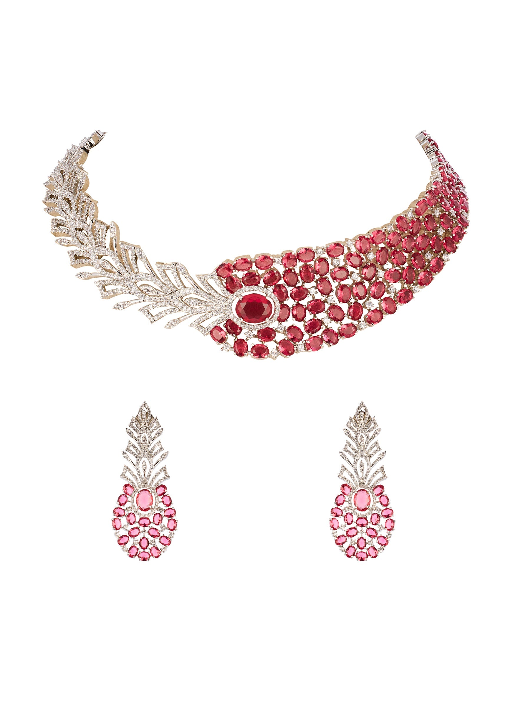 Buy Rani Pink CZ Diamond Anti Tarnish Finish Gemstone Necklace Set in ...