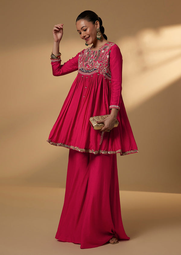 Rani Pink Dola Silk Peplum Kurti And Palazzo Set With French Knot Embroidery