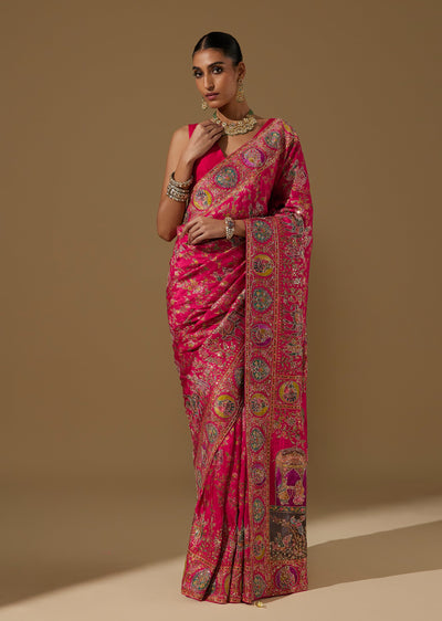 Rani Pink Dola Silk Printed Saree With Zardozi And Cutdana Work