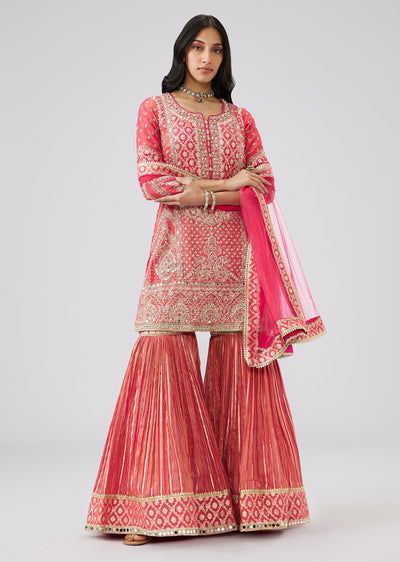 Rani Pink Jacquard Heavily Embellished Sharara Suit Set