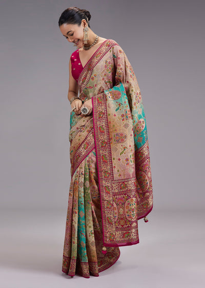 Rani Pink Khaddi Georgette Saree With AllOver Zari Woven Jaal Work