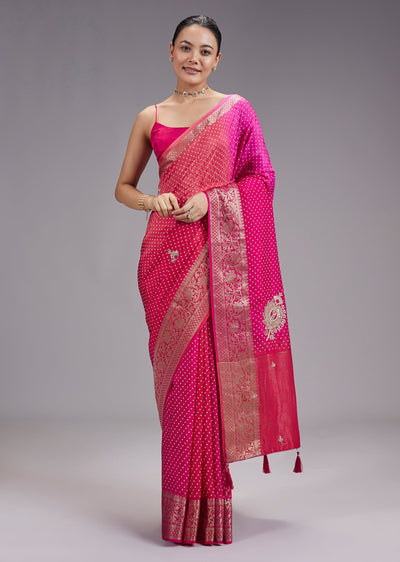 Rani Pink Ombre Bandhani Printed Crepe Saree