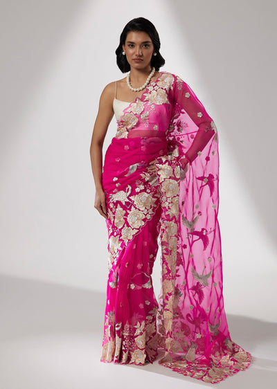 Rani Pink Organza Saree with All-Over Resham Embroidery