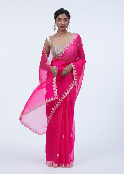 Rani Pink Organza Saree With Cutdana And Pitta Work Border And Unstiched Blouse