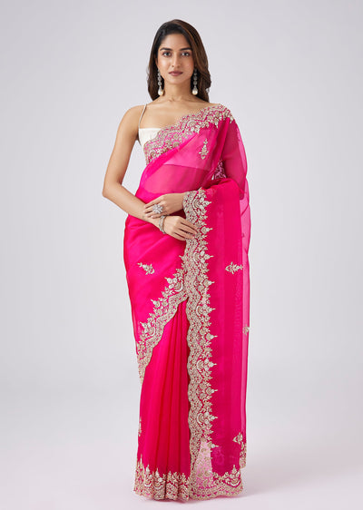 Rani Pink Organza Saree With Heavy Embroidered Border And Pallu